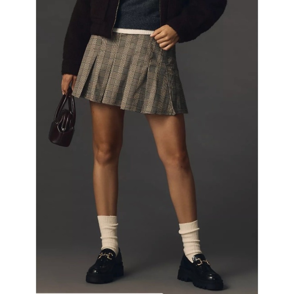 Pilcro Anthropologie High-Waisted Pleated Mini Skirt Plaid Brown Motif Size 12‎